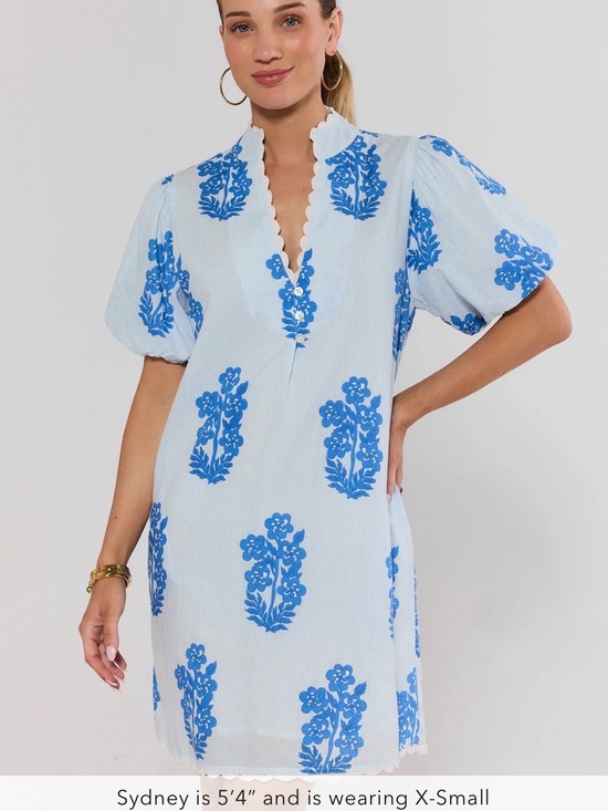 THML Dresses & Skirts - Blue Floral Mini Dress with Scalloped V-Neck